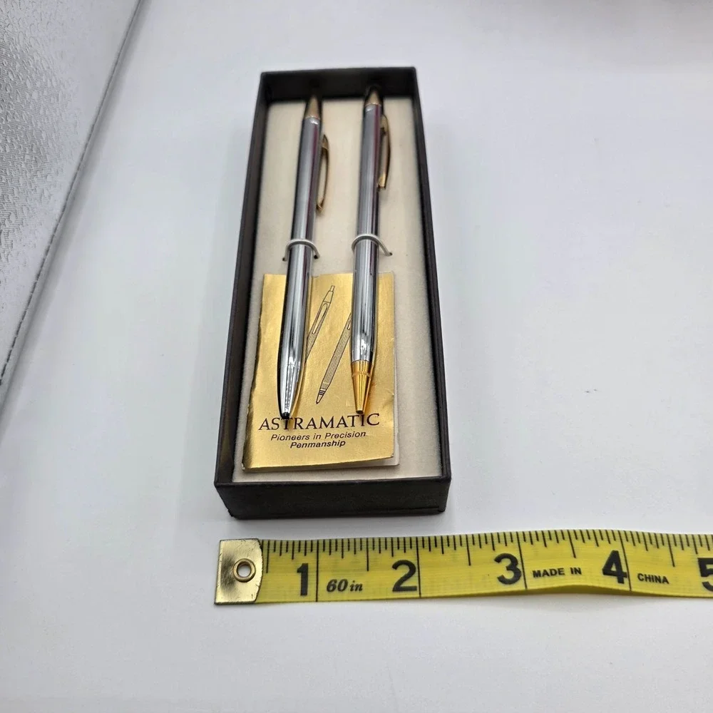 ASTRAMATIC Ballpoint Pens Set Chrome Gold Finish Vintage Penmanship Collection
